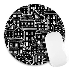 Dark Seamless Pattern With Houses Doodle House Monochrome Round Mousepad by Cemarart