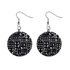 Dark Seamless Pattern With Houses Doodle House Monochrome Mini Button Earrings by Cemarart