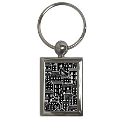 Dark Seamless Pattern With Houses Doodle House Monochrome Key Chain (rectangle) by Cemarart