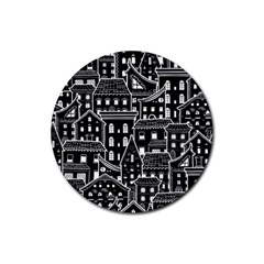 Dark Seamless Pattern With Houses Doodle House Monochrome Rubber Round Coaster (4 Pack) by Cemarart