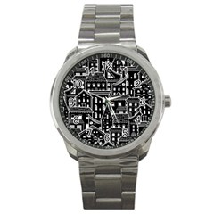 Dark Seamless Pattern With Houses Doodle House Monochrome Sport Metal Watch by Cemarart