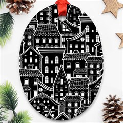 Dark Seamless Pattern With Houses Doodle House Monochrome Oval Ornament (two Sides) by Cemarart