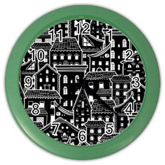 Dark Seamless Pattern With Houses Doodle House Monochrome Color Wall Clock by Cemarart