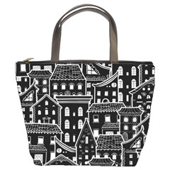 Dark Seamless Pattern With Houses Doodle House Monochrome Bucket Bag by Cemarart