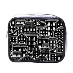 Dark Seamless Pattern With Houses Doodle House Monochrome Mini Toiletries Bag (one Side) by Cemarart