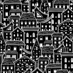 Dark Seamless Pattern With Houses Doodle House Monochrome Play Mat (square) by Cemarart