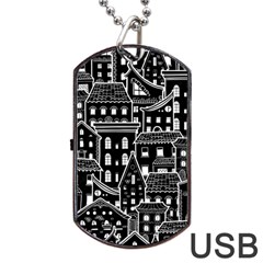 Dark Seamless Pattern With Houses Doodle House Monochrome Dog Tag Usb Flash (one Side) by Cemarart