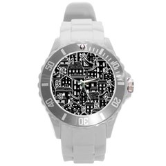 Dark Seamless Pattern With Houses Doodle House Monochrome Round Plastic Sport Watch (l) by Cemarart