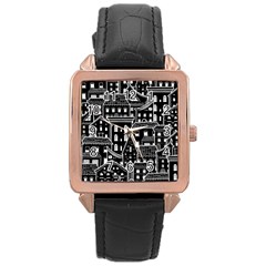 Dark Seamless Pattern With Houses Doodle House Monochrome Rose Gold Leather Watch  by Cemarart