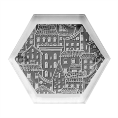 Dark Seamless Pattern With Houses Doodle House Monochrome Hexagon Wood Jewelry Box by Cemarart