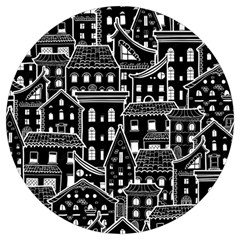 Dark Seamless Pattern With Houses Doodle House Monochrome Round Trivet by Cemarart