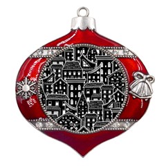 Dark Seamless Pattern With Houses Doodle House Monochrome Metal Snowflake And Bell Red Ornament by Cemarart