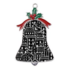 Dark Seamless Pattern With Houses Doodle House Monochrome Metal Holly Leaf Bell Ornament