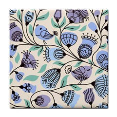 Bird Floral Blue Flower Retro Seamless Pattern Tile Coaster by Cemarart