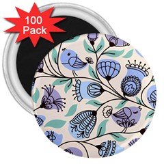 Bird Floral Blue Flower Retro Seamless Pattern 3  Magnets (100 Pack) by Cemarart