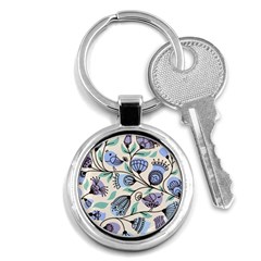 Bird Floral Blue Flower Retro Seamless Pattern Key Chain (round) by Cemarart