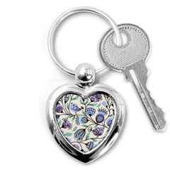 Bird Floral Blue Flower Retro Seamless Pattern Key Chain (heart) by Cemarart