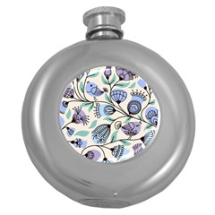 Bird Floral Blue Flower Retro Seamless Pattern Round Hip Flask (5 Oz) by Cemarart