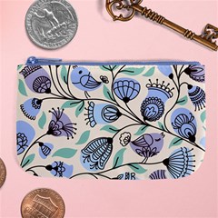 Bird Floral Blue Flower Retro Seamless Pattern Large Coin Purse by Cemarart