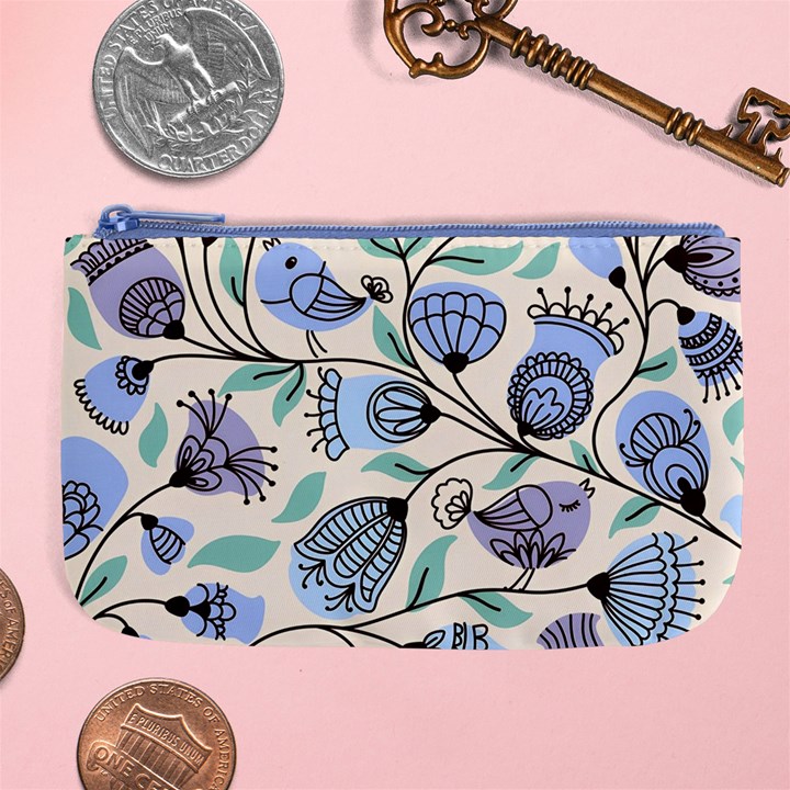 Bird Floral Blue Flower Retro Seamless Pattern Large Coin Purse