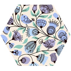 Bird Floral Blue Flower Retro Seamless Pattern Wooden Puzzle Hexagon by Cemarart