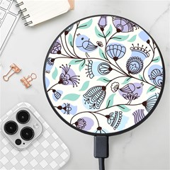 Bird Floral Blue Flower Retro Seamless Pattern Wireless Fast Charger(black) by Cemarart