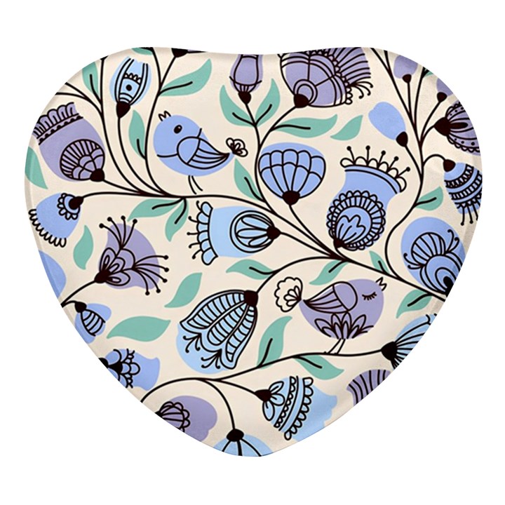 Bird Floral Blue Flower Retro Seamless Pattern Heart Glass Fridge Magnet (4 pack)