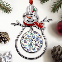 Bird Floral Blue Flower Retro Seamless Pattern Metal Snowman Ornament