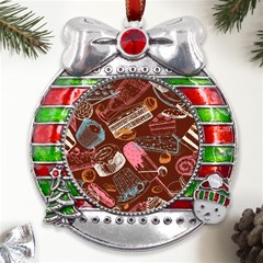 Sweet Food Seamless Pattern Metal X mas Ribbon With Red Crystal Round Ornament by Cemarart