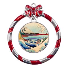 Wave Japanese Mount Fuji Metal Red Ribbon Round Ornament by Grandong