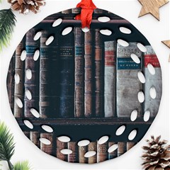 Aged Bookcase Books Bookshelves Ornament (round Filigree) by Grandong