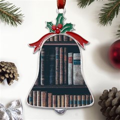 Aged Bookcase Books Bookshelves Metal Holly Leaf Bell Ornament by Grandong