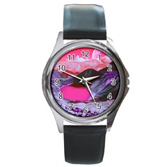 Late Night Feelings Aesthetic Clouds Color Manipulation Landscape Mountain Nature Surrealism Psicode Round Metal Watch by Cemarart