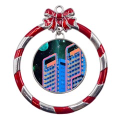 Fantasy City Architecture Building Cityscape Metal Red Ribbon Round Ornament