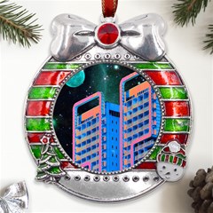 Fantasy City Architecture Building Cityscape Metal X mas Ribbon With Red Crystal Round Ornament by Cemarart