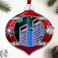 Fantasy City Architecture Building Cityscape Metal Snowflake And Bell Red Ornament by Cemarart