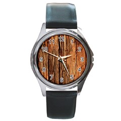 Brown Wooden Texture Round Metal Watch by nateshop