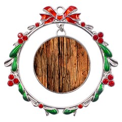 Brown Wooden Texture Metal X mas Wreath Ribbon Ornament