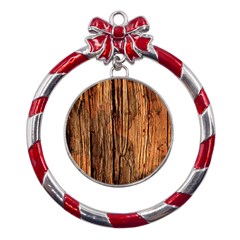 Brown Wooden Texture Metal Red Ribbon Round Ornament