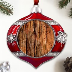 Brown Wooden Texture Metal Snowflake And Bell Red Ornament by nateshop