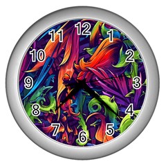 Colorful Floral Patterns, Abstract Floral Background Wall Clock (silver)