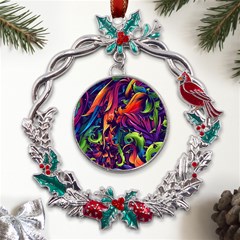 Colorful Floral Patterns, Abstract Floral Background Metal X mas Wreath Holly Leaf Ornament by nateshop