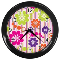 Colorful Flowers Pattern Floral Patterns Wall Clock (black) by nateshop