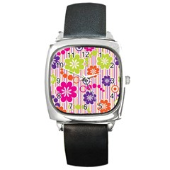 Colorful Flowers Pattern Floral Patterns Square Metal Watch by nateshop