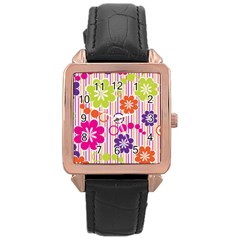 Colorful Flowers Pattern Floral Patterns Rose Gold Leather Watch  by nateshop