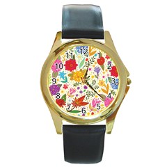 Colorful Flowers Pattern, Abstract Patterns, Floral Patterns Round Gold Metal Watch