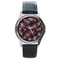 Feathers, Peacock, Patterns, Colorful Round Metal Watch by nateshop