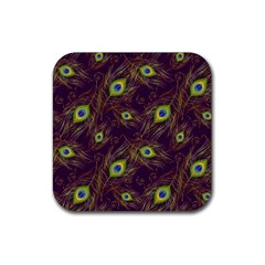 Feathers, Peacock, Patterns, Colorful Rubber Coaster (square) by nateshop