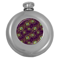 Feathers, Peacock, Patterns, Colorful Round Hip Flask (5 Oz)