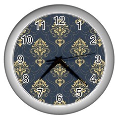 Floral Damask Pattern Texture, Damask Retro Background Wall Clock (silver) by nateshop